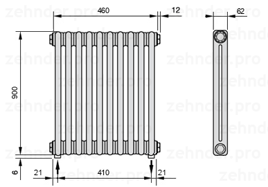Схема (чертеж) Радиатор Zehnder Charleston 2090/10 №5310 Белый глянцевый RAL 9016